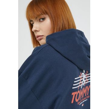 Tommy Jeans hanorac de bumbac femei, culoarea albastru marin, cu imprimeu