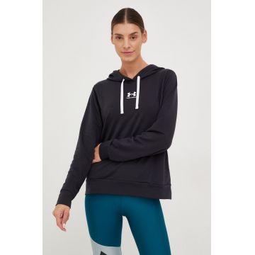 Under Armour bluza femei, culoarea negru, cu glugă, cu imprimeu