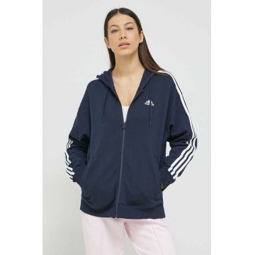 adidas hanorac de bumbac femei, culoarea albastru marin, cu glugă, cu imprimeu