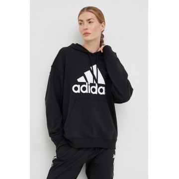 Adidas hanorac de bumbac femei, culoarea negru, cu glugă, cu imprimeu