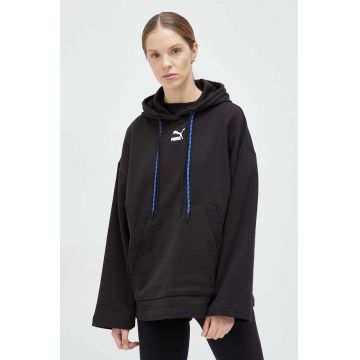 Puma hanorac de bumbac femei, culoarea negru, cu glugă, cu imprimeu