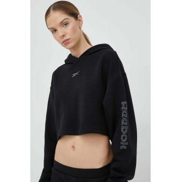 Reebok bluza femei, culoarea negru, cu glugă, cu imprimeu